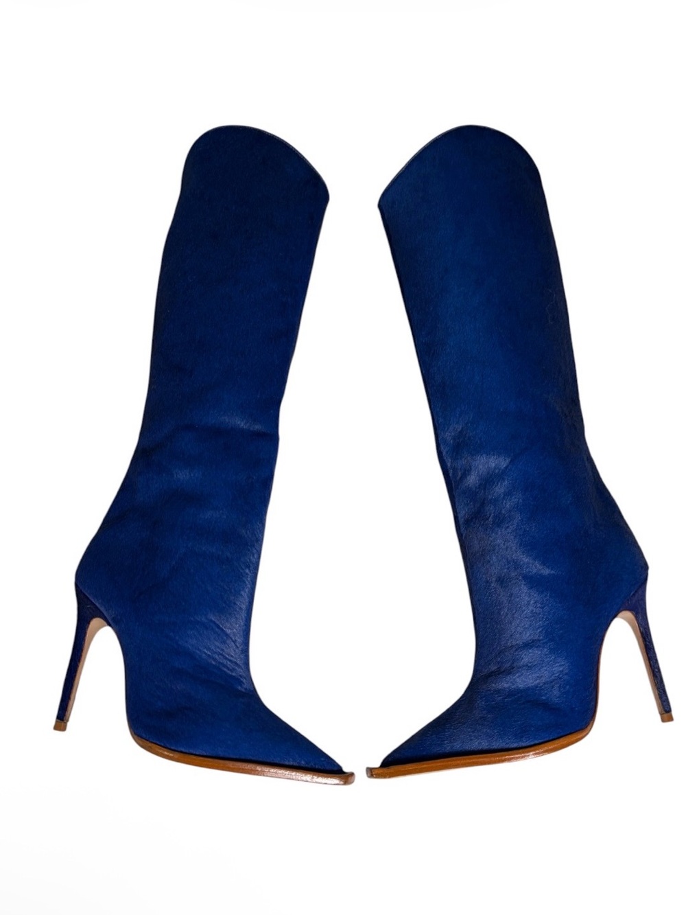 Schutz blue fur & leather tall high heeled pointy toe boots size 5B
